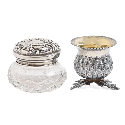 268 - A George V silver thistle novelty salt cellar, 42mm h, by Fenton Brothers Ltd, Sheffield 1913 and a ... 