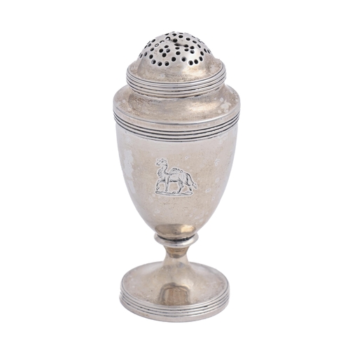 277 - A George III silver pepper caster and threaded cover, of shield shape with reeded rims, crested, 90m... 