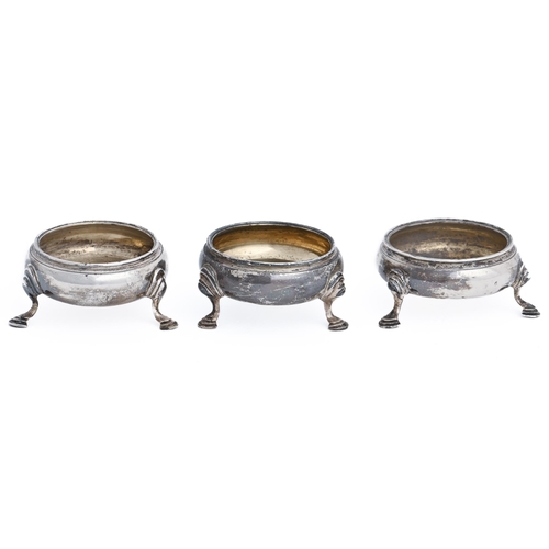 280 - Three George III silver salt cellars, on hoof feet, 83mm diam and circa, all London, marks rubbed, t... 