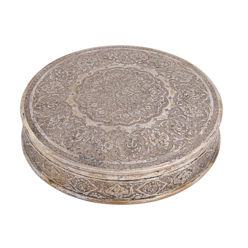 283 - A round silver repousse box and domed cover, probably Armenian, first half 20th c, 14cm diam, maker'... 