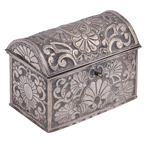 304 - A silver coloured metal repoussé casket, 19th c, the lid and sides decorated with stylised flowers a... 