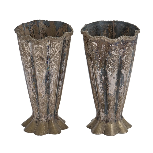 305 - A pair of Ottoman silver vases, Armenian, early 20th c, chased with two bands of stylised foliage be... 