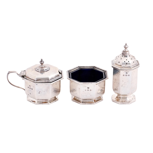 309 - A George V silver condiment set,  octagonal, pepperette 82mm, by William Neale Ltd, Birmingham 1928,... 