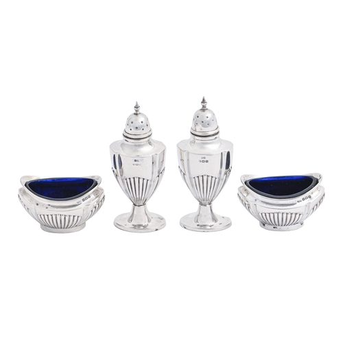 310 - A George V silver condiment set, blue glass liners, pepperette 90mm h, by John Rose, Birmingham 1913... 