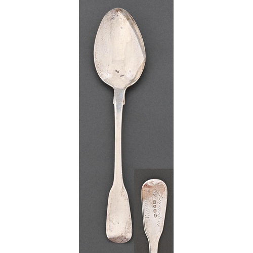 315 - Nottingham interest. A William IV silver tablespoon, Fiddle pattern, back engraved Nottm Dispensary,... 