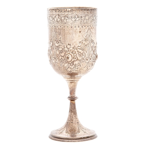 330 - A Victorian silver goblet, chased and engraved with festoons and vines, 20cm h, by George Unite... 