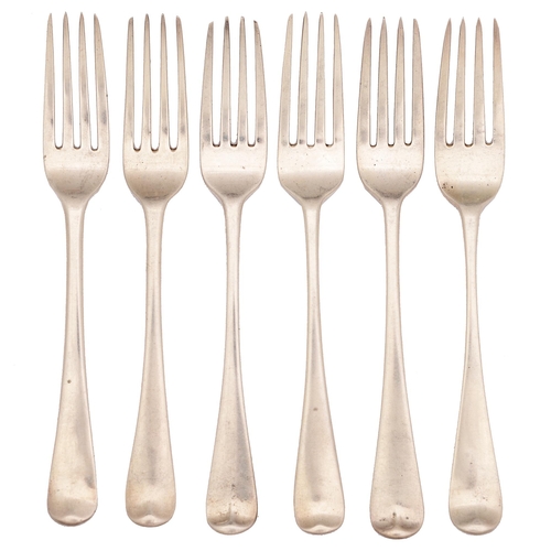 336 - Six George III silver table forks, Old English pattern, all London, by various makers, 11ozs 15dwts... 