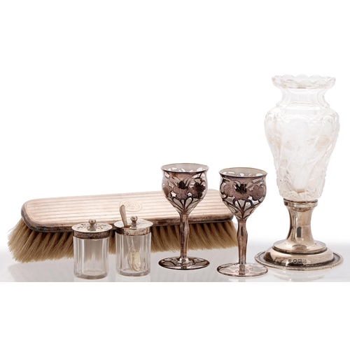 340 - A pair of silver electro-deposit liqueur glasses, c1930, 82mm h, a silver clothes brush, silver-foot... 