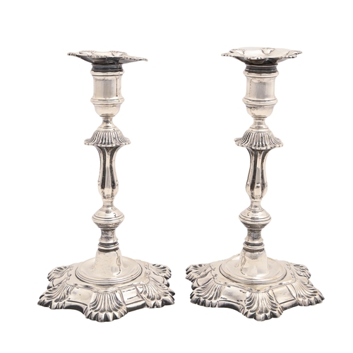 350 - A pair of Elizabeth II cast silver candlesticks, in George II style, nozzles, 22.5cm h, by J B Chatt... 