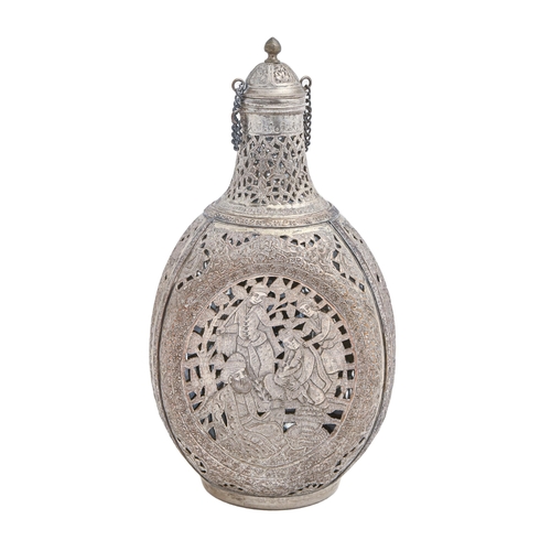 353 - A Middle Eastern silver coloured metal encased glass dimpled flask and stopper, 20th c, chased and p... 