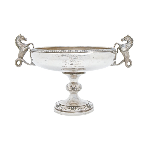 359 - Maritime interest. A George V silver cup, the shallow bowl with egg-and-dart rim and hippocampi hand... 