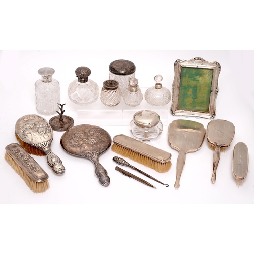 370 - Miscellaneous Edwardian and other silver mounted glass jars and bottles, two silver brush sets and a... 