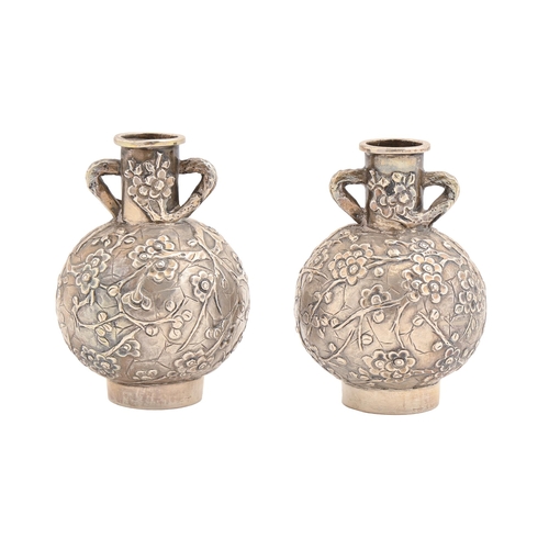 373 - A pair of Chinese miniature silver repousse globular vases, c1900, 65mm h, marked WH 90, 3ozs 2dwts... 