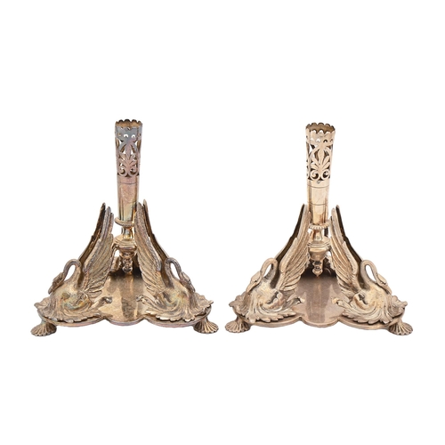 387 - A pair of Victorian EPNS flower stands, the tri-form base mounted with three swans, 19cm h... 