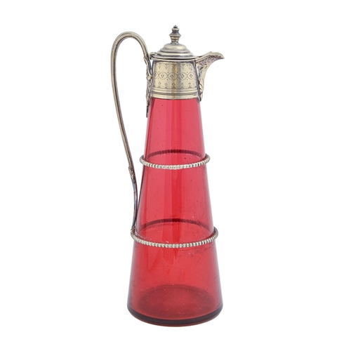 391 - A Victorian EPNS mounted cranberry glass claret jug, c1900, 30cm h