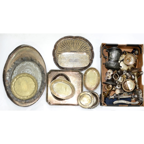 405 - Miscellaneous plated and other metal ware, to include candlesticks, salvers, entree dishes and cover... 