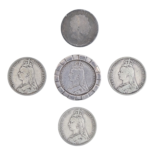 409 - Silver coins. Crown George III, 1888 (mounted), 1889 (2) and 1891