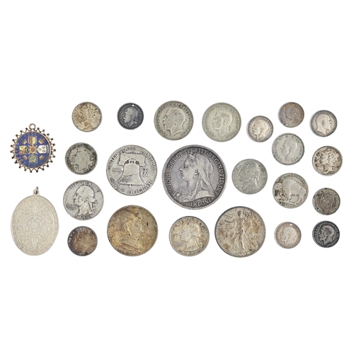 417 - Silver coins. Crown 1893 and miscellaneous others, to include a George III enamelled sixpence, mount... 