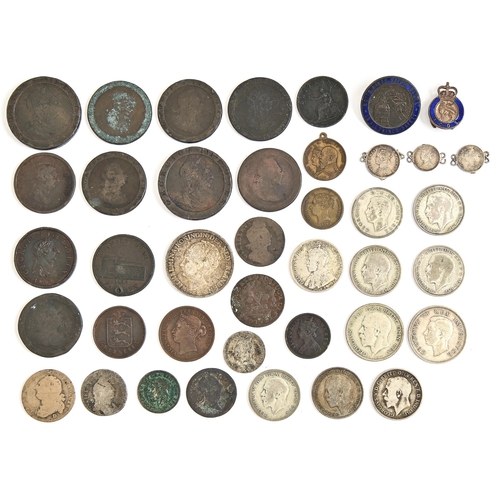 426 - Miscellaneous British Commonwealth and other coins and badges, etc, including George III Cartwheel p... 