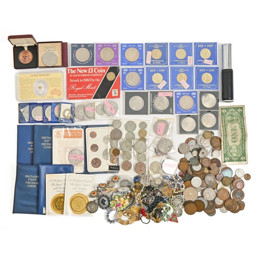 434 - Miscellaneous costume jewellery and coins, including commemorative crowns, enamel badges, wristwatch... 