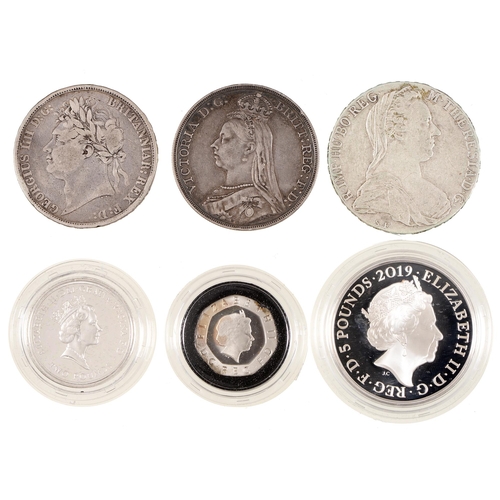 435A - United Kingdom silver coins, Crown 1822, 1889, three Elizabeth II proof silver coins, Crown, £2, 20p... 