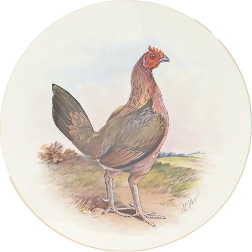 491 - A pair of Minton bone china plates, c1900, painted by J E Dean, both signed, with a gamecock, 22cm d... 