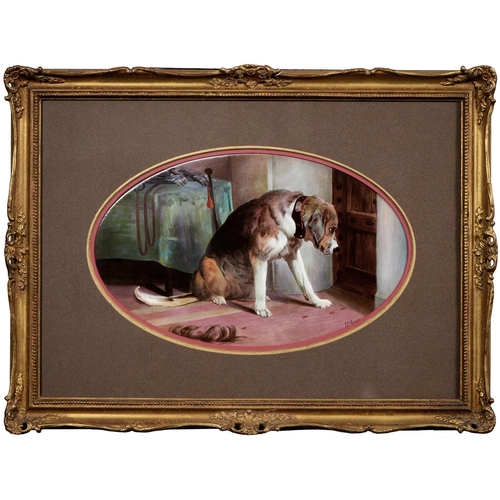 496 - An English porcelain plaque, c1900, painted by J E Dean, signed, after Sir Edwin Landseer with 