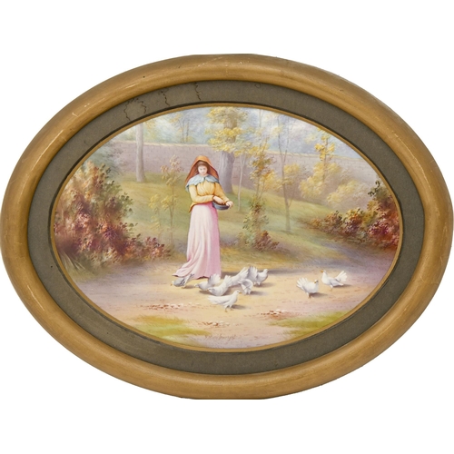 497 - An English porcelain plaque, early 20th c, painted by F Micklewright, signed, with a young woman fee... 