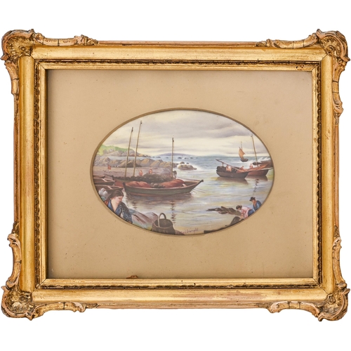 498 - A pair of Paragon plaques, early 20th c, painted by F Micklewright, both signed, with fisherfolk or ... 