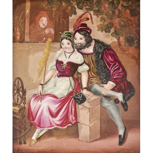 499 - A porcelain plaque, 19th c, painted with a courting couple, the young woman seated at a spinning whe... 