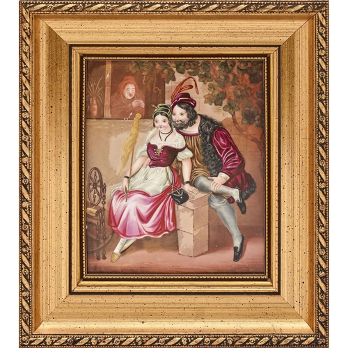 499 - A porcelain plaque, 19th c, painted with a courting couple, the young woman seated at a spinning whe... 