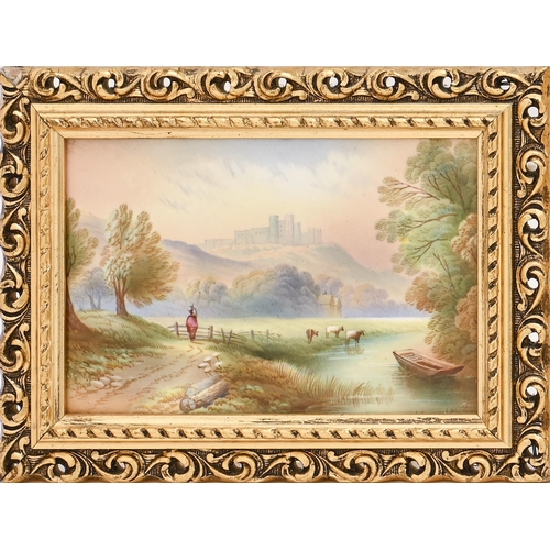 502 - A pair of English porcelain plaques, early 20th c, painted by F Micklewright, one signed, with a lan... 