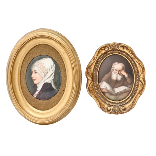 504 - Two Continental porcelain plaques, late 19th c, painted with St Jerome or a young woman, 85 x 65mm a... 