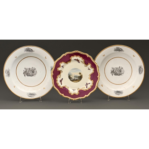 510 - A Flight, Barr & Barr dessert plate, c1820, painted with a landscape and insects in claret borde... 