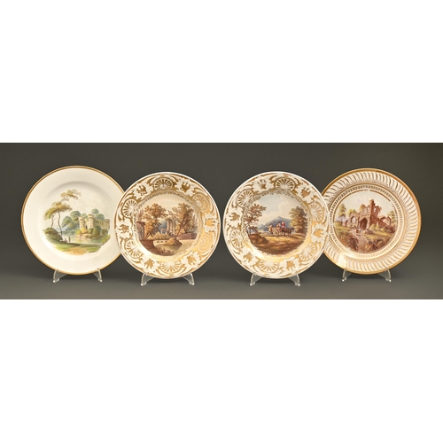 519 - Two English porcelain dessert plates and a pair of stone china dessert plates, c1810, painted with l... 