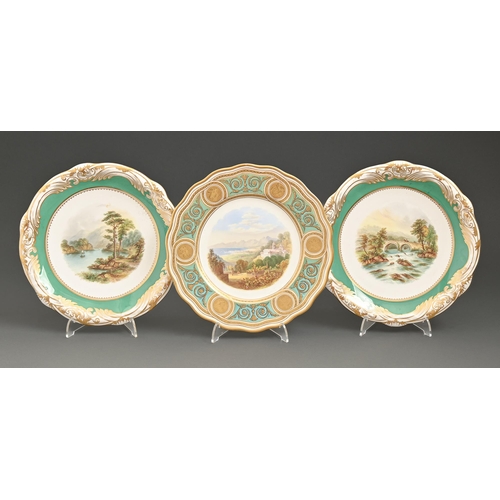 520 - A pair of Davenport bone china dessert plates, c1865, painted with a landscape in chrome green and r... 