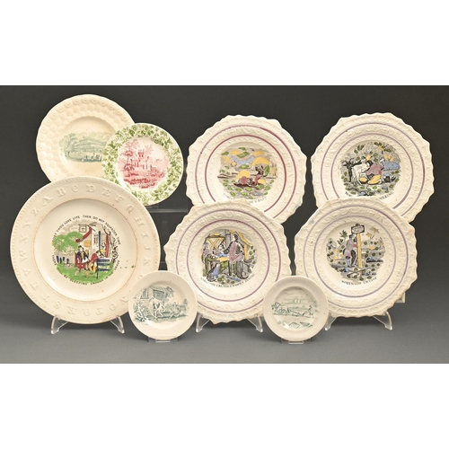 521 - Nine Swansea and other British earthenware moulded children's plates,  one printed in green and red,... 