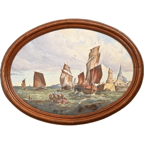 522 - Two French oval earthenware plaques, c1870, painted by E Maxime, both signed, with a river scene or ... 