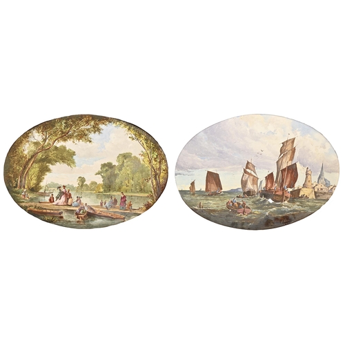 522 - Two French oval earthenware plaques, c1870, painted by E Maxime, both signed, with a river scene or ... 