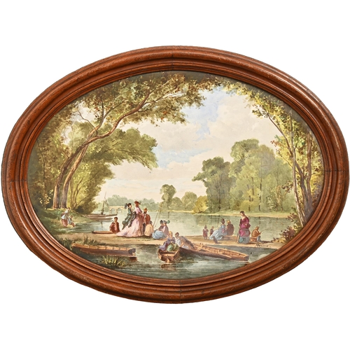 522 - Two French oval earthenware plaques, c1870, painted by E Maxime, both signed, with a river scene or ... 