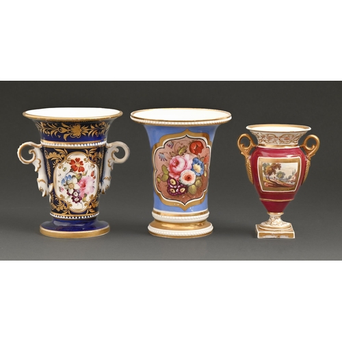 526 - An English porcelain claret ground vase and two contemporary English spill vases, c1825, one of bead... 