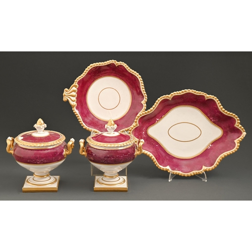 529 - A pair of Flight, Barr & Barr claret and gilt cream bowls and covers and two dessert dishes, c18... 