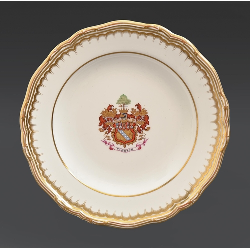 537 - A Copeland armorial plate, late 19th c, finely painted in gilt with shield, helm, crest, motto VIRES... 