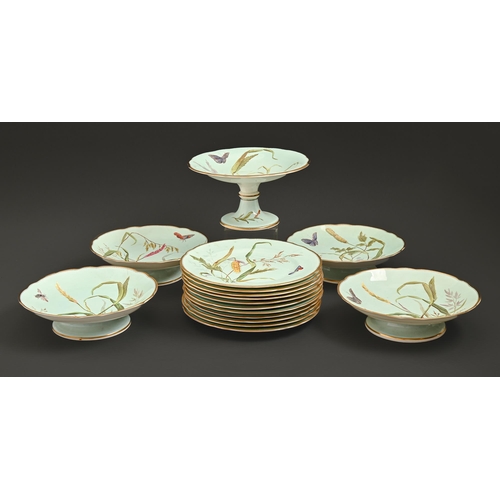 539 - A Staffordshire bone china dessert service, c1870, painted with insects and grasses on a duck egg bl... 