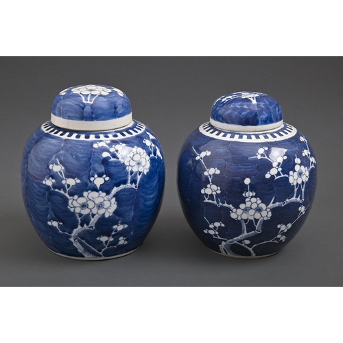 541 - Two Chinese blue and white ginger jars and covers, 20th c, painted with prunus, 18 and 19cm h... 