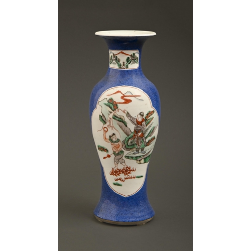 546 - A Chinese powder blue ground famille verte vase, late 19th c, painted with mythological subjects and... 