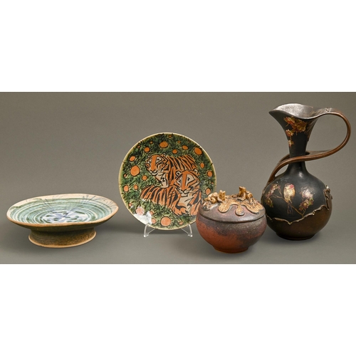 553 - A Bretby Art Pottery Clanta Ware ewer, c1905, 26cm h and a British studio pottery covered bowl, dish... 