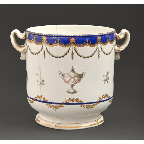 556 - A Derby ice pail, c1775, painted in sepia and enamels with neo classical urns and trophies beneath g... 