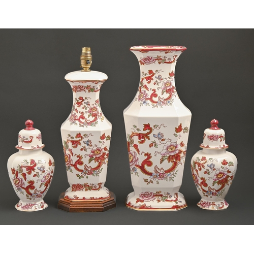 557 - A Masons Mandalay Red pattern vase, lamp and pair of jars and covers, 20th / 21st c, vase 43cm h, pr... 