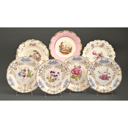 560 - Three H & R Daniel dessert plates, c1830, of Shrewsbury or Shell Border shape, painted with land... 